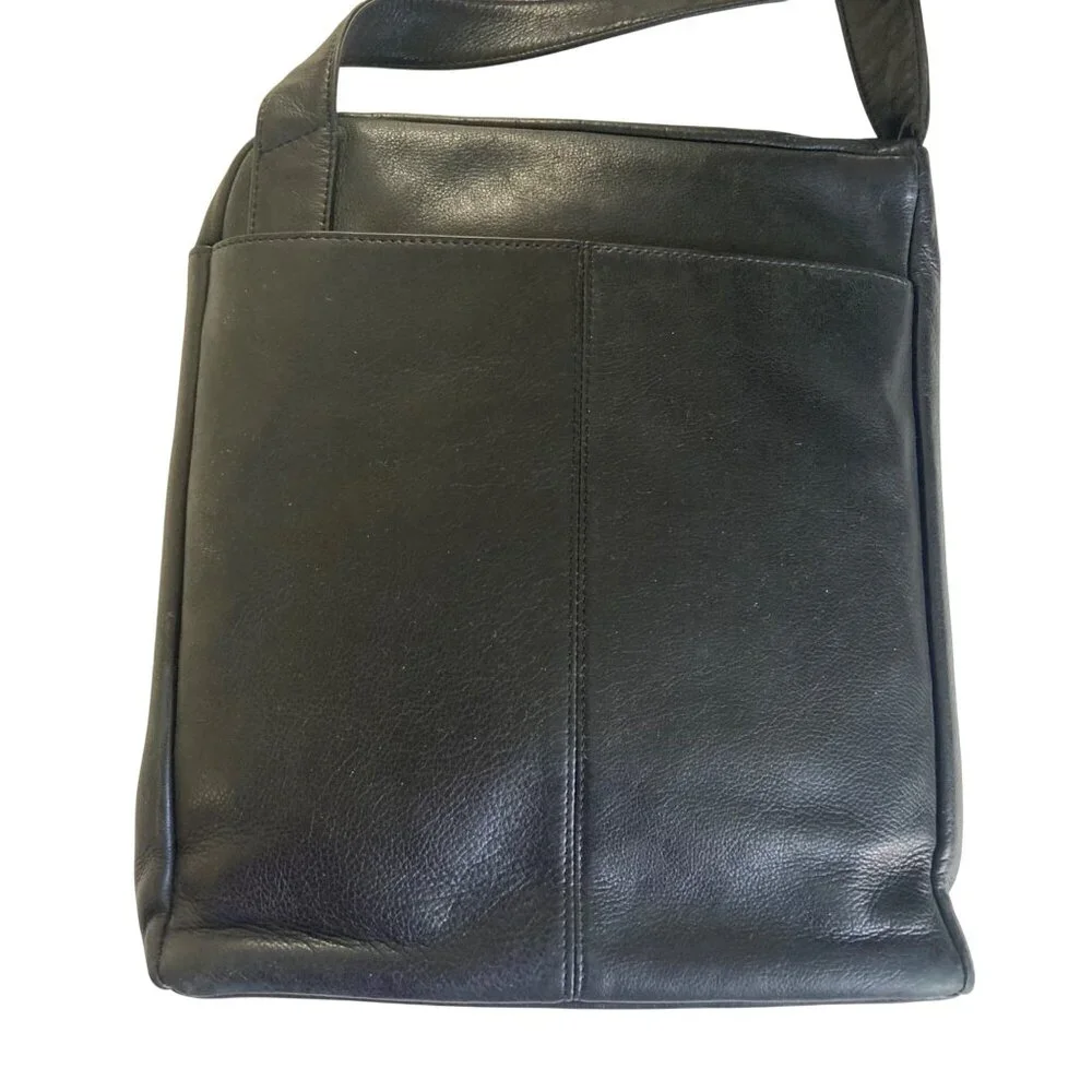 Levenger Black Leather Crossbody Laptop Tablet Bag Multiple Pockets Adj Strap
